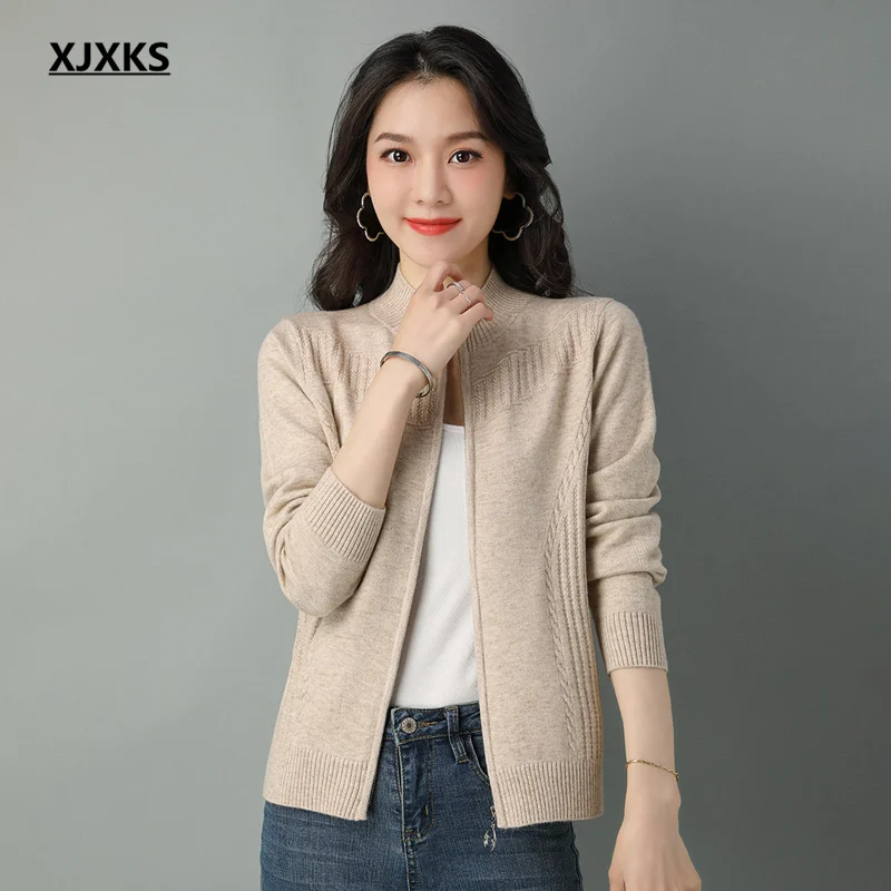 

XJXKS 2022 Spring And Autumn New High Quality Knitted Cardigan Women Jacket Comfortable Casual Wool Sweater