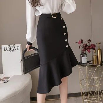 

Women Fishtail Skirt of High Waist 2020 New Spring and Summer Irregular Button Work Office Midi Long Skirts Lady Faldas Y204