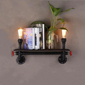 

Retro industrial wood light iron vintage lamp creative bedroom living room corridor Shelf wall lamp bedside lighting fixture