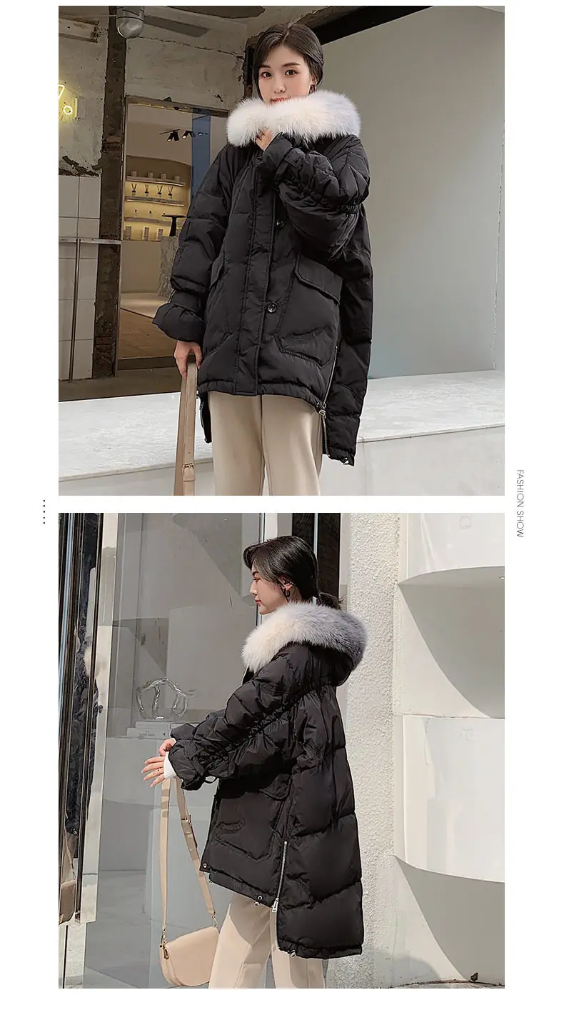 Зимнее пушистое пуховое пальто Женская мода хит цвет большой натуральный Лисий меховой воротник теплые куртки с капюшоном толстое теплое пальто F117