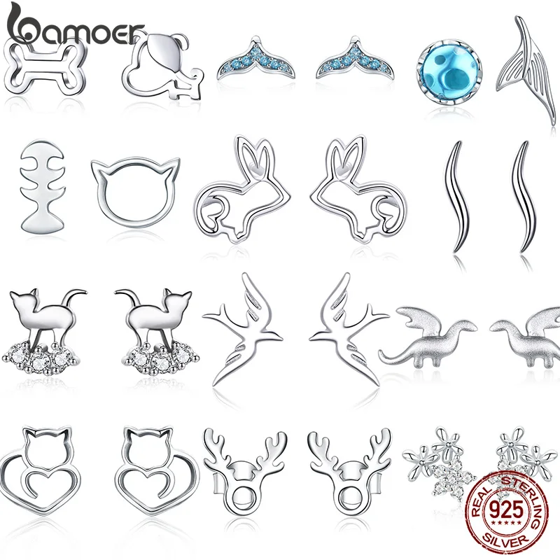 

bamoer Real 925 Silver Spring Swallow Cat Dog Puppy Rabbit Fish Tail Animal Stud Earrings Hollow Simple Hypoallergenic Earrings