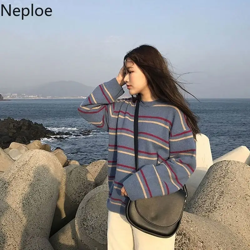 Neploe Harajuku женские свитера больших размеров в полоску, цветные пуловеры, джемпер в Корейском стиле, осенняя одежда, Свободная трикотажная женская одежда