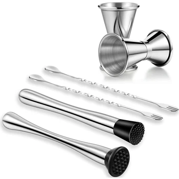 

6 Pcs Stainless Steel Cocktail Muddler, Bar Mixing Spoon and Stainless Steel Jiggers Stainless Steel Cocktail Shaker Set