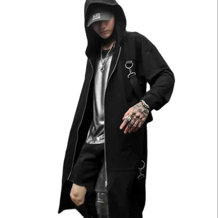 Nightclub DJ singer punk rock hooded trench coat ribbons long jacket stage costume men vintage zipper cloak gothic style cape