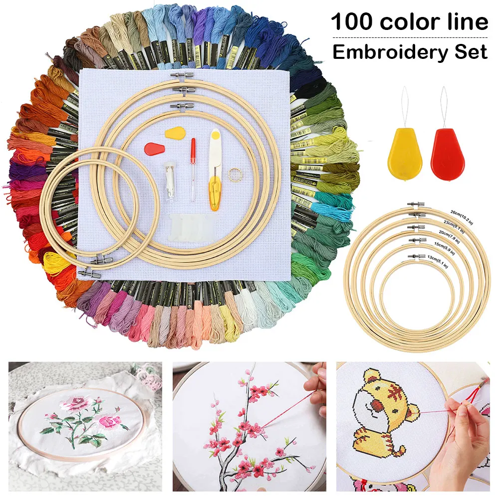 

100 Colors Magic Embroidery Pen Needle Hoop Set Kit Thread Punch Stitching Knitting Women DIY Sewing Accessories Tweezer Tool