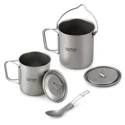 Lixada 3 pedas Set Ao Ar Livre de Titânio Leve agua Canecas Drinkware Pote Garfo dobravel para Acampamento Ao Ar Livre Caminhada