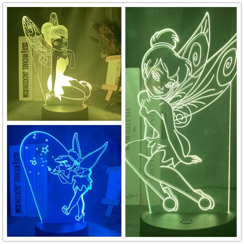 Disney Fairy Tinker Bell 3D Lamp Princess Acrylic LED Night Light Cartoon Touch Optical Illusion Table Lamp Home Decoration Gift