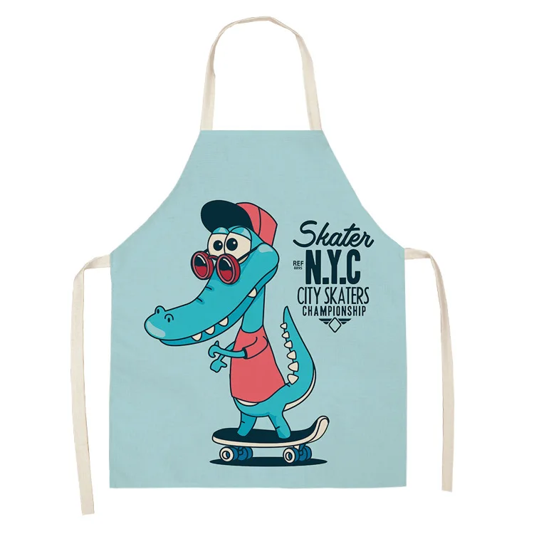 Parent-child Kitchen Apron Lovely Cartoon Dinosaur Printed Sleeveless Cotton Linen Aprons for Men Women Home Cleaning Tools