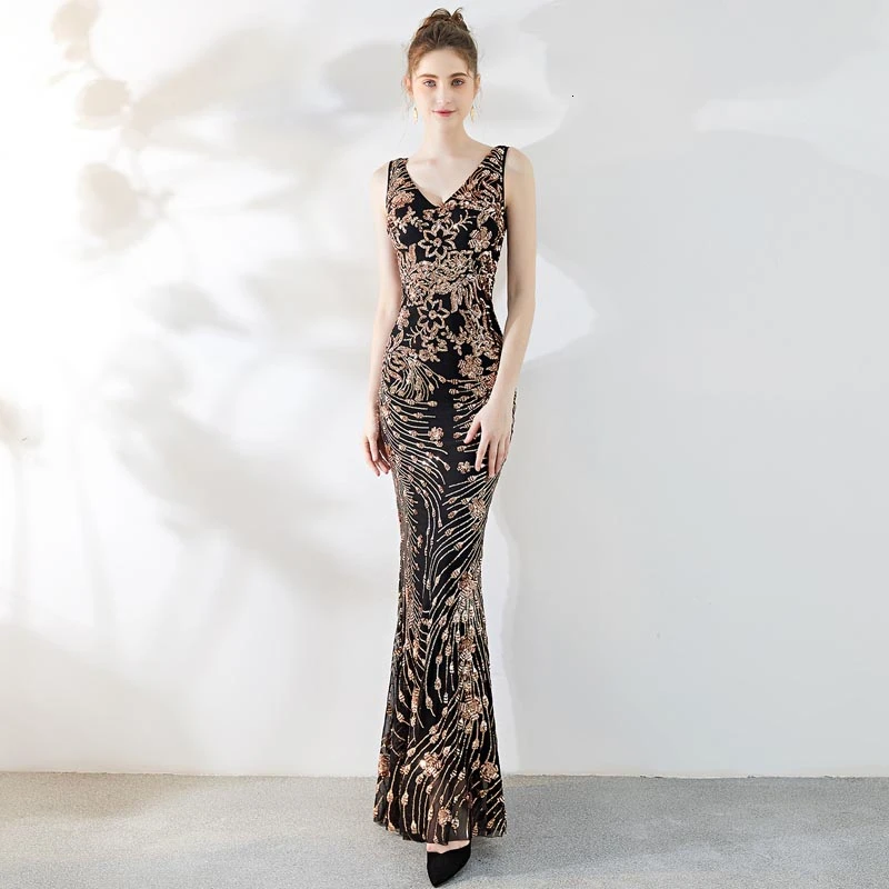 

Gold Sequin Sexy Chinese Evening Dresses Women Black Mermaid Oriental Style Wedding Dress Embroidery Cheongsam Long Korean