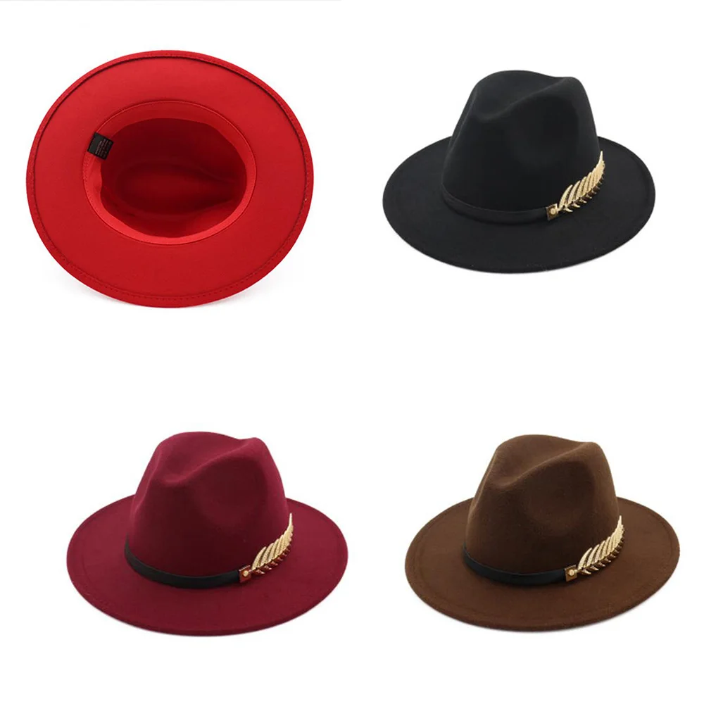 

New Trendy Metal Leaves Felt Hat Ladies Wool Jazz Hat Autumn Winter British Vintage Round Cap Bowler Fedoras Hats Warm Women Men