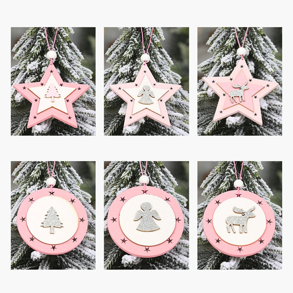 Hot 6Pcs Christmas Durable Star Elk Tree Angle Wood Carving Hanging Pendant Xmas Party Christmas trees kindergarten storesDecora