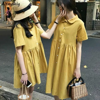 

Dress Women Solid Retro Yellow Summer Cute Simple Trendy A-line Korean Style Student Short Long Dresses Baggy Vestidos Soft Chic