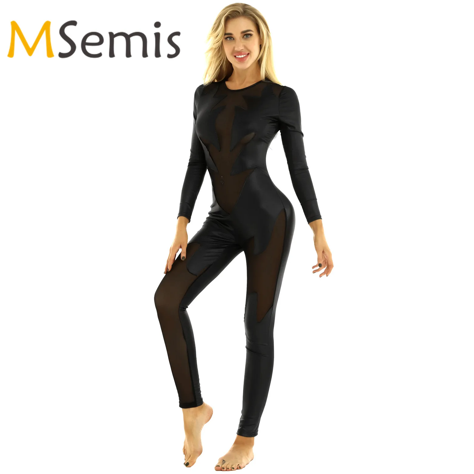 

Women's Full Bodysuit Swimsuit One-piece Shiny Metallic Round Neck Mesh Panel Leotard Bodysuit Catsuit Halloween Sexy Clubwear