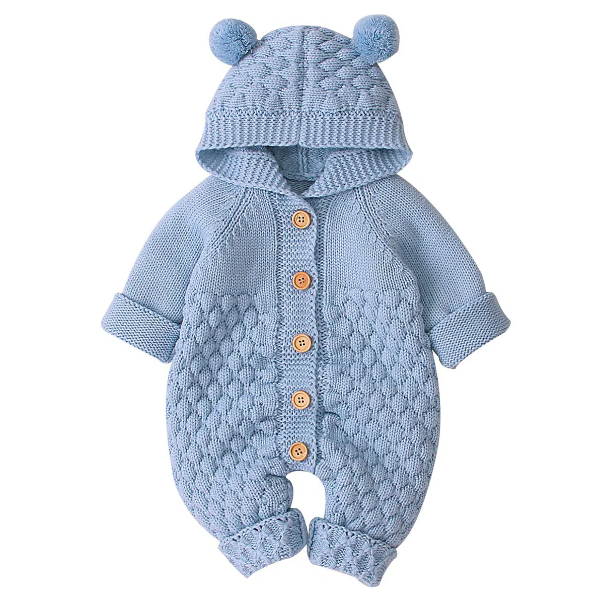 Милый цельный комбинезон с капюшоном для детей от 3 до 24 месяцев, Комбинезон трикотажный комбинезон с капюшоном для новорожденных, комбинезоны для малышей цельный комбинезон - Цвет: Небесно-голубой
