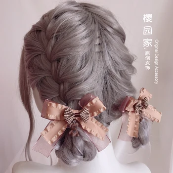 

Cute Bear Pendant Bowknot Hairpin Double Horsetail Headdress Lolita Japanese Soft Sister Sweet Hair Clip Hair Ornaments Cosplay