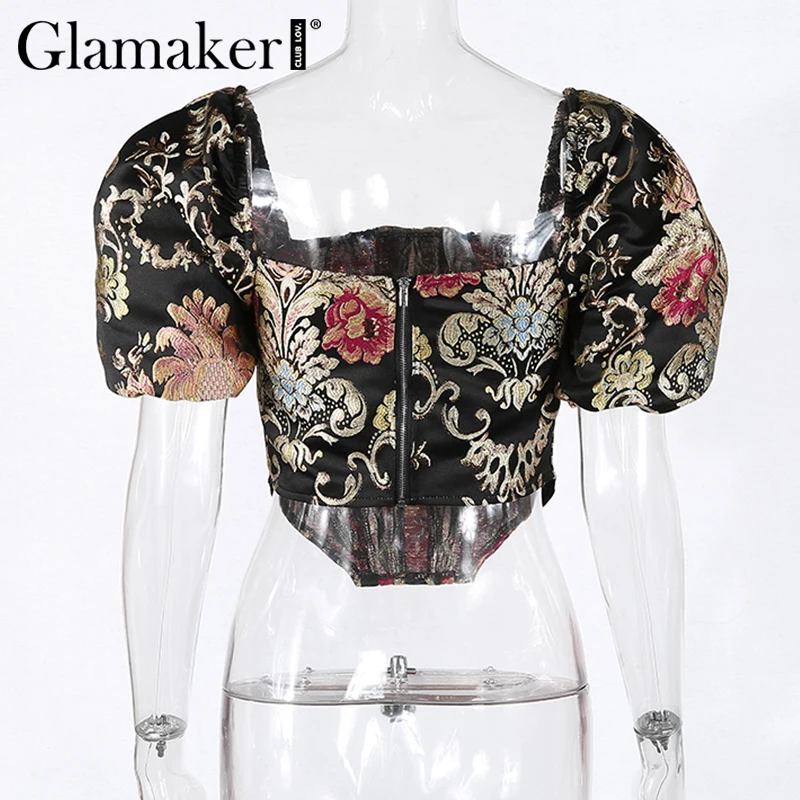 Glamaker, Цветочная вышивка, квадратная горловина, винтажная блузка, женская, короткий, с пышными рукавами, Элегантная блузка, женская, осень, зима, Сексуальная Блузка