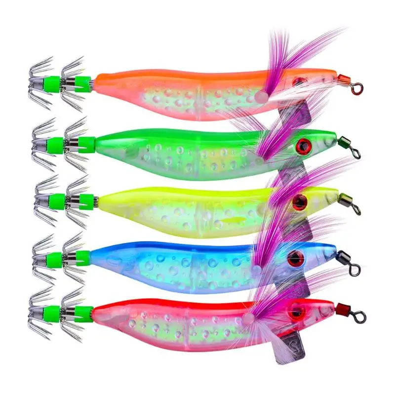 5x Luminous Fishing Lures 3D Eye Squid Jig Hook Hard Fishing Lures Baits Tackle❤