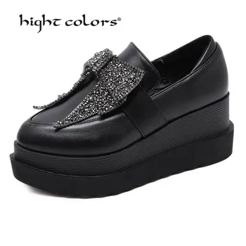

(34~39) Women High Heels Rhinestone Bow Shoes Platform Wedges Female Pumps Black Thick Bottom Pointed Toe Casual Shoes To-029