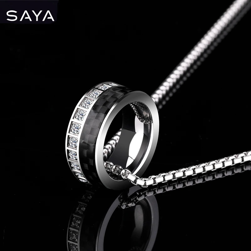 

High Polished Tungsten Carbide Pendant Necklace inlay Black Carbide Fiber & Shiny CZ Stones with Titanium Chain 55CM
