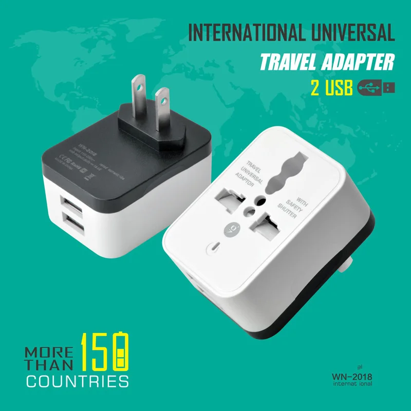 Универсальный дорожный адаптер с 2 USB портами преобразователь переменного тока