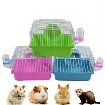 

New Small Pet Run Portable Single Layer Villa Cage with Running Wheel Water Fountain Feeder Bowl for Pet Hamster