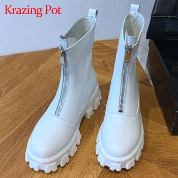 

Krazing pot large size genuine leather round toe high heels winter shoes women keep warm young lady handsome mid-calf boots L23
