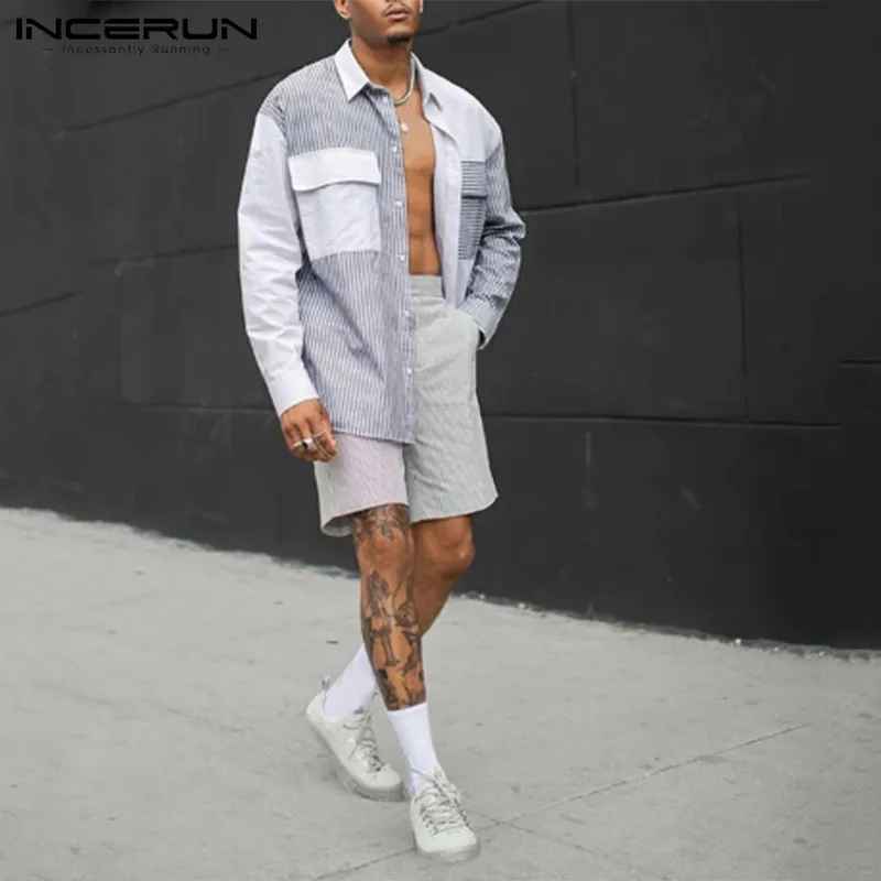 INCERUN, полосатая Лоскутная Мужская брендовая рубашка, свободная, повседневная, с длинным рукавом, с карманами, индивидуальная, модная, уличная, с отворотом, рубашки для мужчин