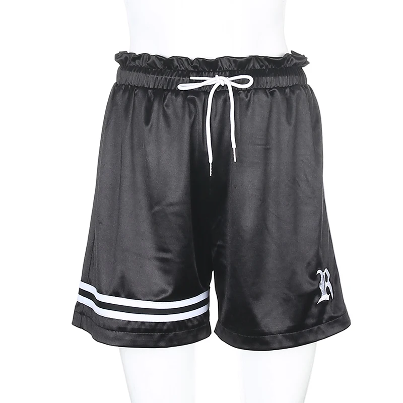Casual Loose Black Jogger Shorts Women Home Fashion Leisure Outfits Ruffle High Waisted Striped Straight Shorts Summer