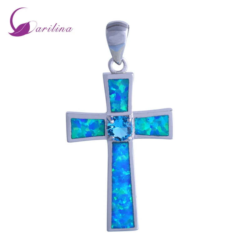 Divine Cross женское колье синий Опаловый кулон кубический цирконий серебряный для