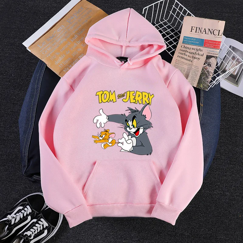 Женская толстовка с капюшоном Tom& Jerry, шапка, пуловер, мультяшная Милая толстовка с капюшоном, спортивный костюм Harajuku, эстетическая толстовка с капюшоном большого размера - Цвет: Розовый