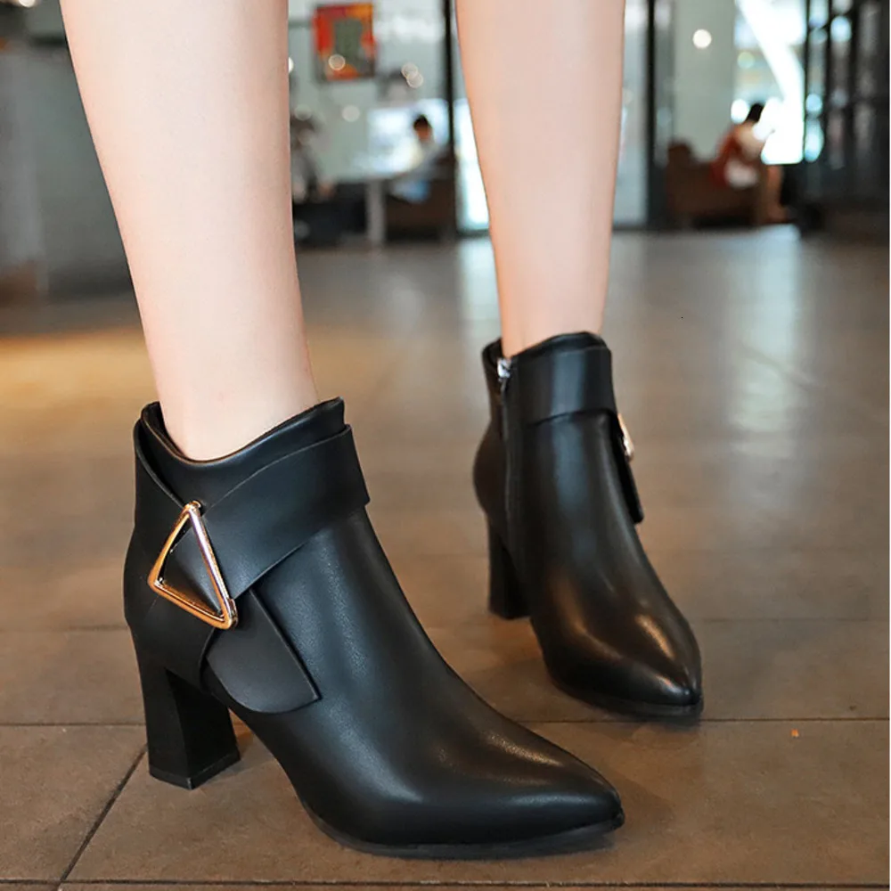 

2019 Fashion Women Boots Casual Leather Low High Heels Spring Shoes Woman Pointed Toe Rubber Ankle Boots Black Red Zapatos Mujer