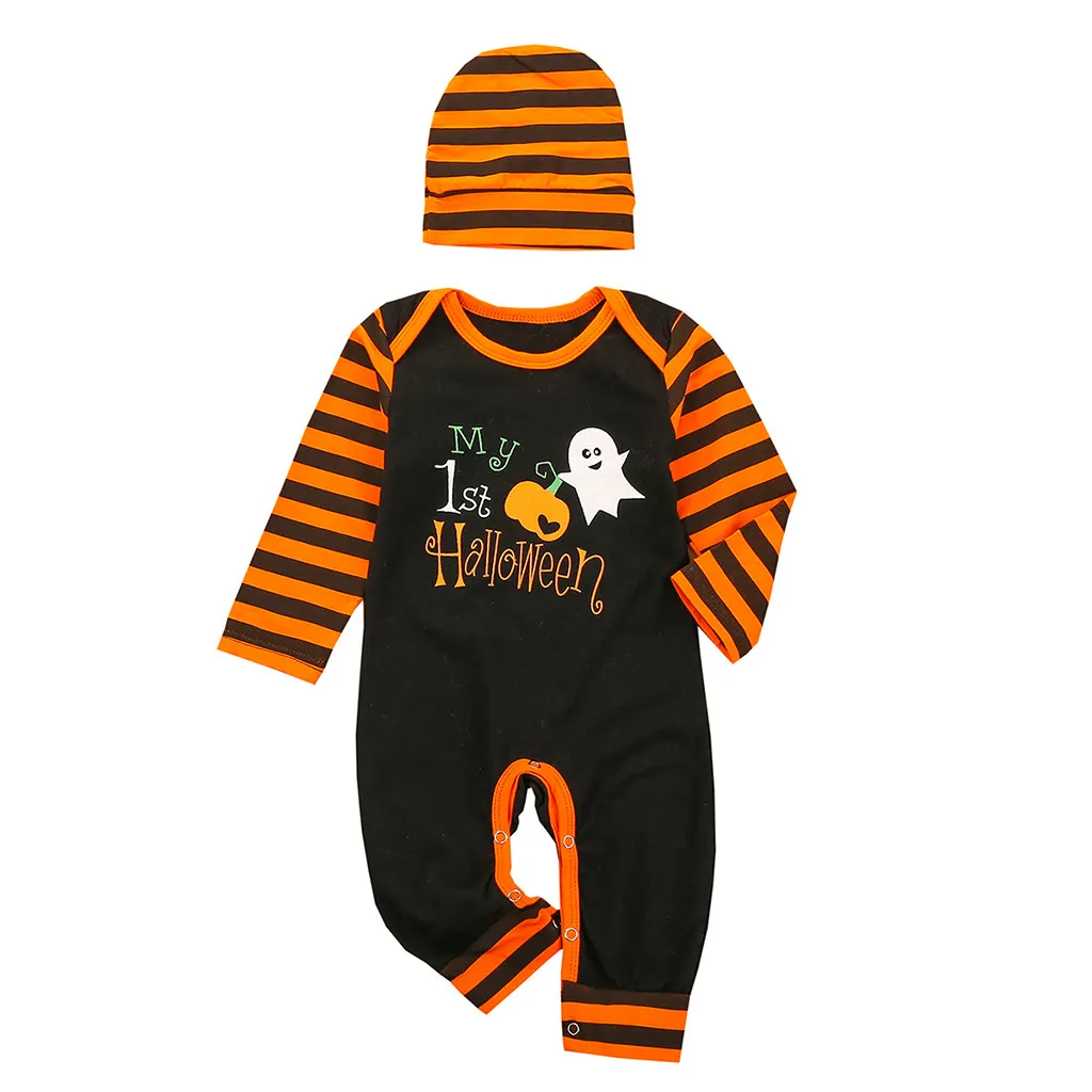 winter festival-wear letter children costume Baby Girls Boys Halloween Pumpkin Clothes Set Infant Romper Hats 2Pcs Outfits