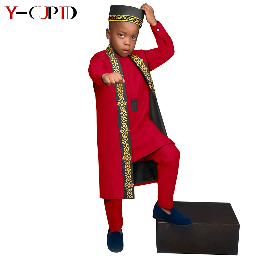 african wear African Clothes for Kids Bazin Riche Boys Outfits Tee + Pants + Long Vest + Cap Dashiki Hat African Children Clothing Y214003 african culture clothing