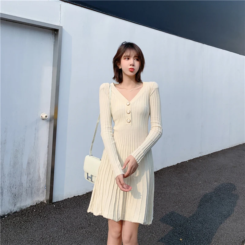 Korean Style Button Knit Dress Woman Beige Black Bottoming Slim V-Neck Ribbing Short Dresses 2020 Autumn Winter New Arrival