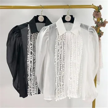 

Spring Women Shirts Vintage Organza Lace Tulle See-through Puff Sleeve Shirt Office Lady Chiffon Steetwear Sexy Party Korean