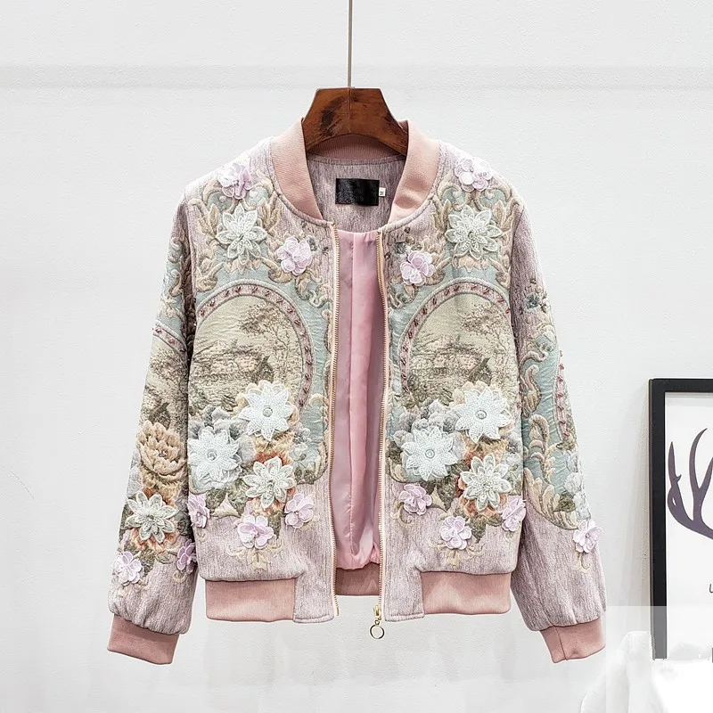 

Autumn Fashion Pink Flowers Beading Embroidery Jacquard Baseball Coat Bomber Jacket Loose Short Zipper Cardigan Female Outerwear
