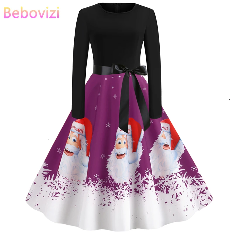 Bebovisi зимние женские платья 2019 размера плюс фиолетовое рождественское праздничное платье с принтом Санта Клауса винтажное элегантное