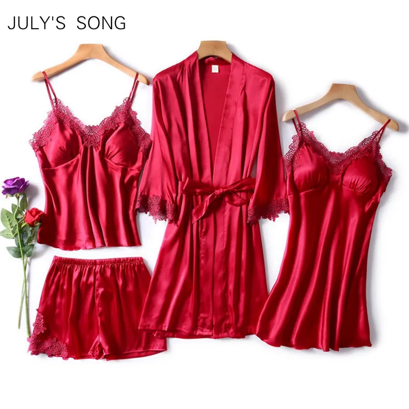 Vente JULY S SONG 4 pièces Sexy ensemble de pyjamas femmes fausse soie Robe de chambre dentelle fronde Shorts Robe d été vêtements de nuit avec coussinets de poitrine