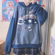 

QWEEK Harajuku Kawaii Anime Print Hoodie Women Soft Girl Japanese Long Sleeve Plus Velvet Hooded Sweatshirt Top Alt Clothes 2021