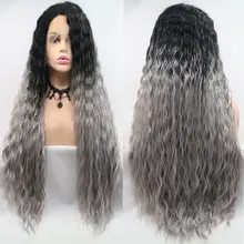 Черный Ombre Siver серый волна воды синтетический парик фронта шнурка жаростойкий свободный кудрявый половина руки завязанный передний парик для модных женщин