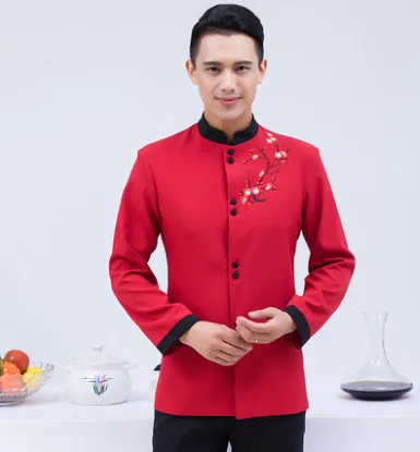 men red Рабочая одежда с длинными рукавами г. Весенне-осенняя рубашка с цветочным принтом для отеля+ фартук, кофейный официант в кафе, Униформа, пальто, Дешевый ресторан - Цвет: men red