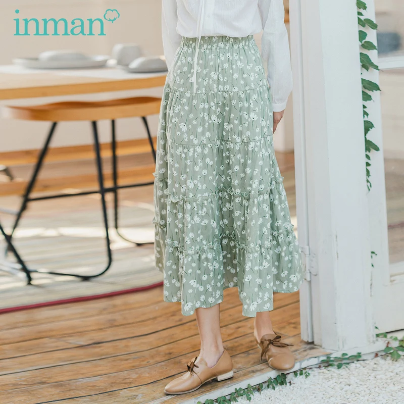 

INMAN 2020 Spring New Arrival Literary High Waist Floral Print Cake A Line Shape Sweet Women Skirt