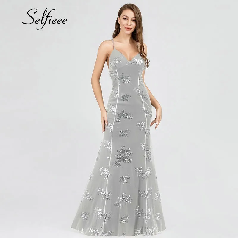 

Elegant Ladies Maxi Dresses Long Deep V-Neck Mermaid Sleeveless Sparkle Sequined Women Dresses Summer Evening Party Dresses