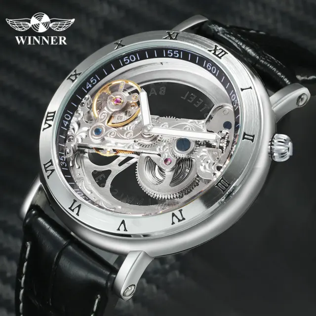 WINNER Men's Automatic Mechanical Watch Leather Strap Skeleton Wrist Watches Carved Case Watches For Men Top Brand Luxury Reloj 1