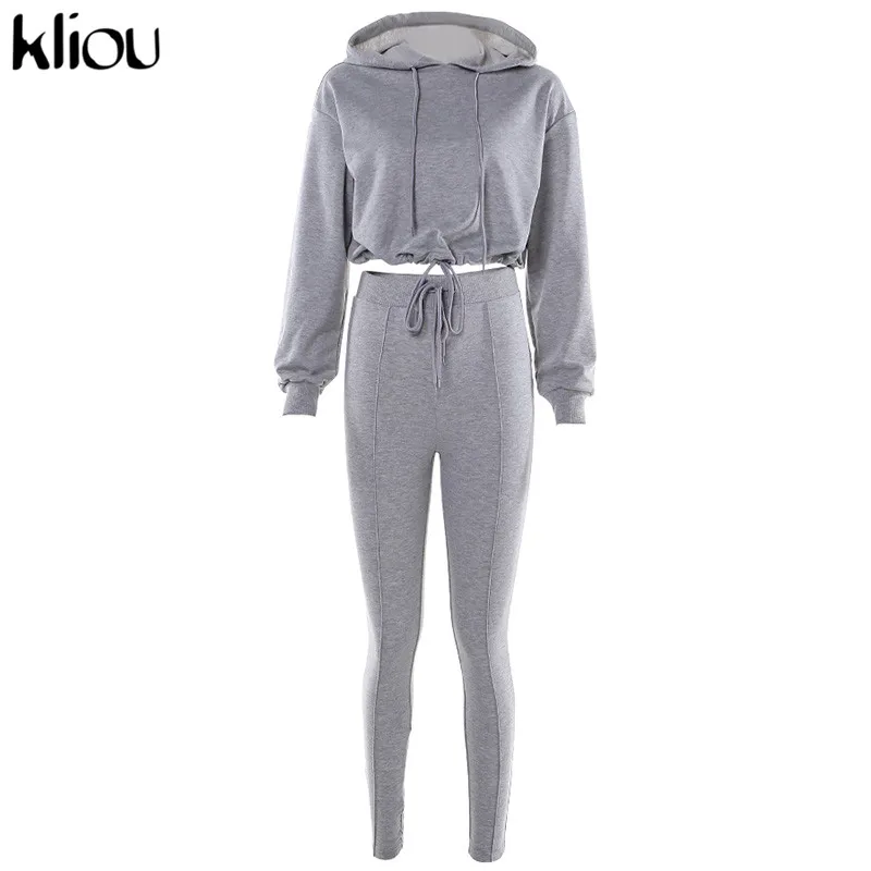 Kliou хлопок сплошной длинный рукав комплект из двух частей Drawstring с капюшоном топы Женский спортивный костюм облегающие длинные брюки повседневные женские костюмы - Цвет: Серый