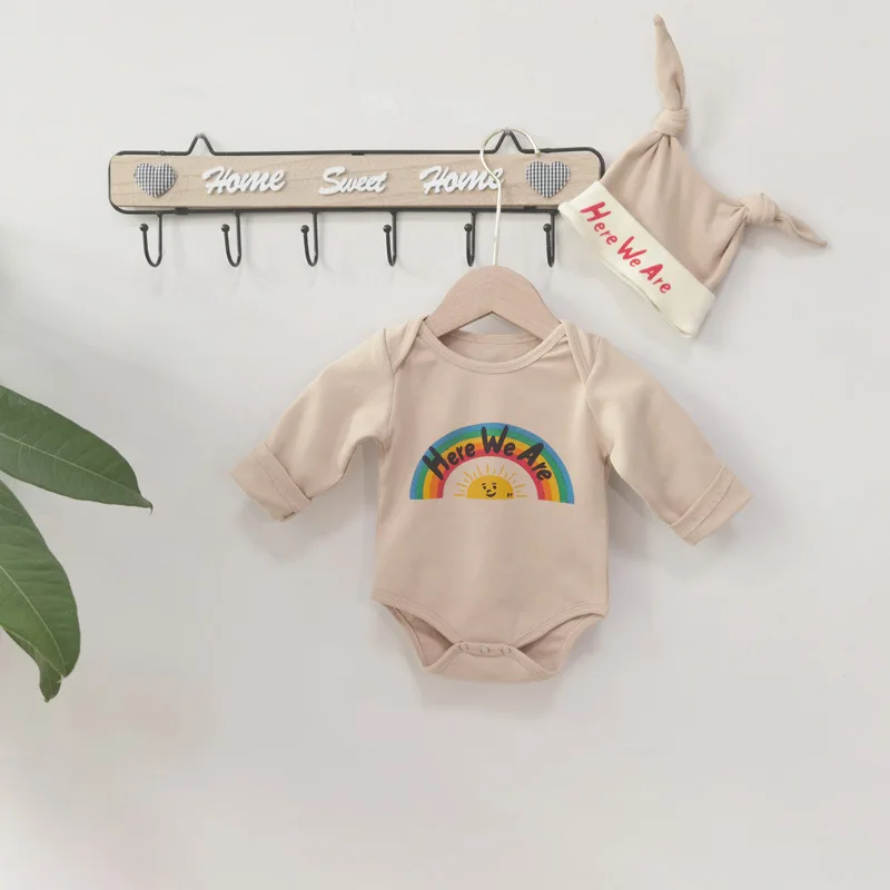 

Baby Bodysuit Spring and Autumn Clothing One-piece Suit Newborn Infant Cotton Rainbow Bodysuit Winter with Hat
