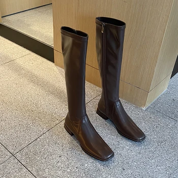 

Women Knee-high Boots Fashion Elastic Fabric Knight Boots Square Toe Mid Heels Women Shoes Zipper Long Boots Ladies Party Shoes
