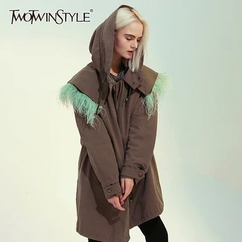 

TWOTWINSTYLE Patchwork Feathers Women's Coats Hooded Collar Long Sleeve High Waist Lace Up Drawstring Ruched Jackets Female 2020