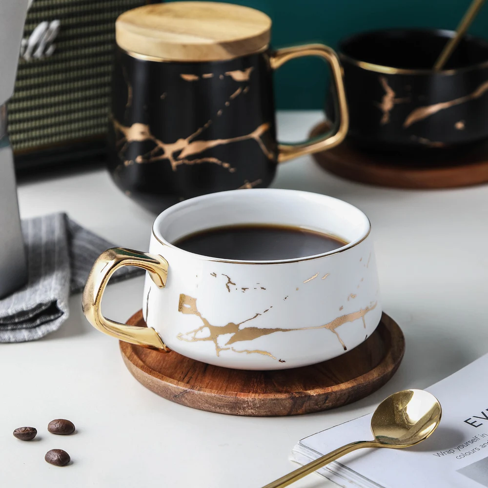 MUZITY Ceramic Coffee Mug with Lid Porcelain Tea Cup and Wooden Saucer Special Marble Golden Design Mug