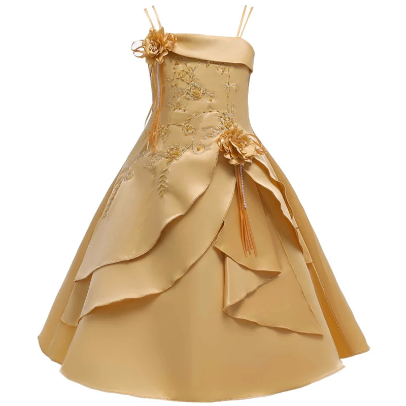 Детская одежда в европейском и американском стиле платье на бретельках для девочек высококачественное атласное свадебное платье принцессы с вышитыми цветами для девочек - Цвет: Gold